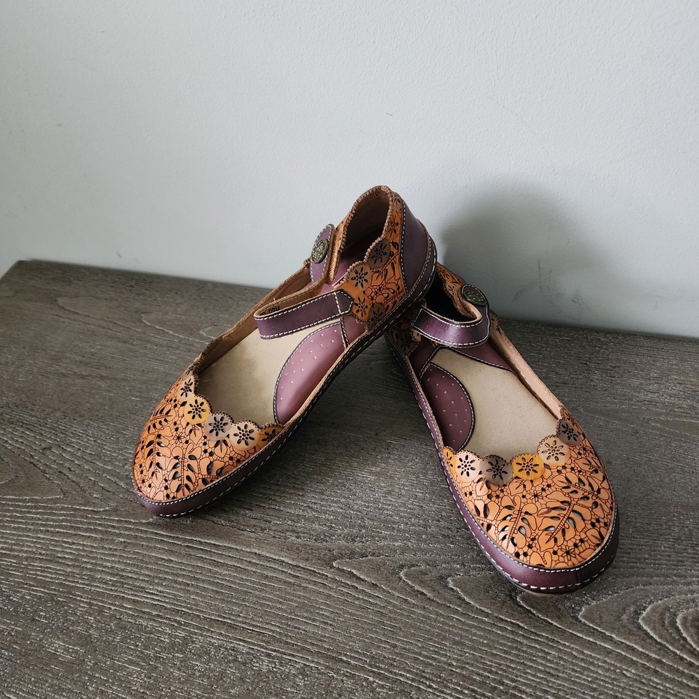 L'Artiste Kysandra-Fleur Leather Mary Jane Shoes EU 41 US 10 Purple Boho Floral